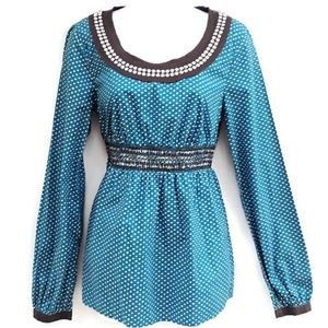 Esprit Babydoll Blouse Embroidery Beads Cinched Waist Dot Long Sleeve Cotton 6